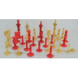 19th century white and red stained carved ivory chess set