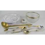 A group of silver plate to include a fish knife and fork, silver plate rimmed glass bowl, Newstone