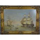 A late 18th / early 19th century oil on board depicting battleships on calm seas, 34cm by 50cm