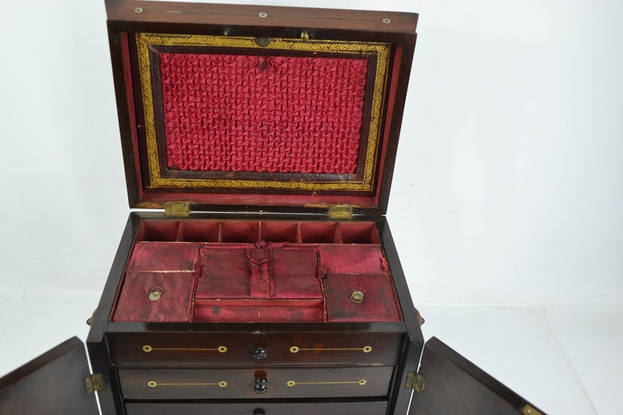 A Victorian rosewood and mother of pearl combination jewellery, writing and workbox, with two - Image 5 of 6