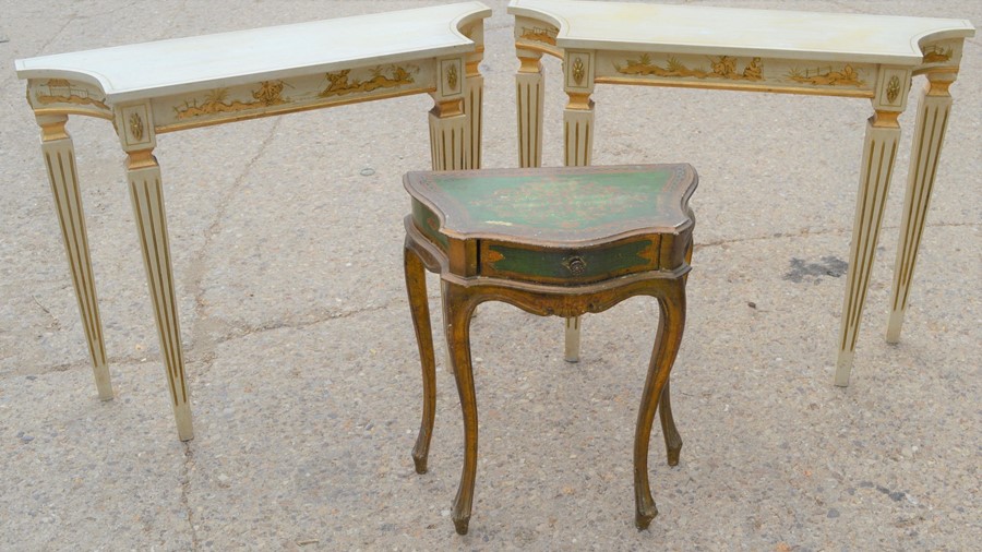 A pair of console tables with painted decoration to the front depicting oriental scenes together