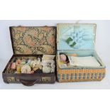 A quantity of vintage sewing accessories and lace in a sewing box and leather case