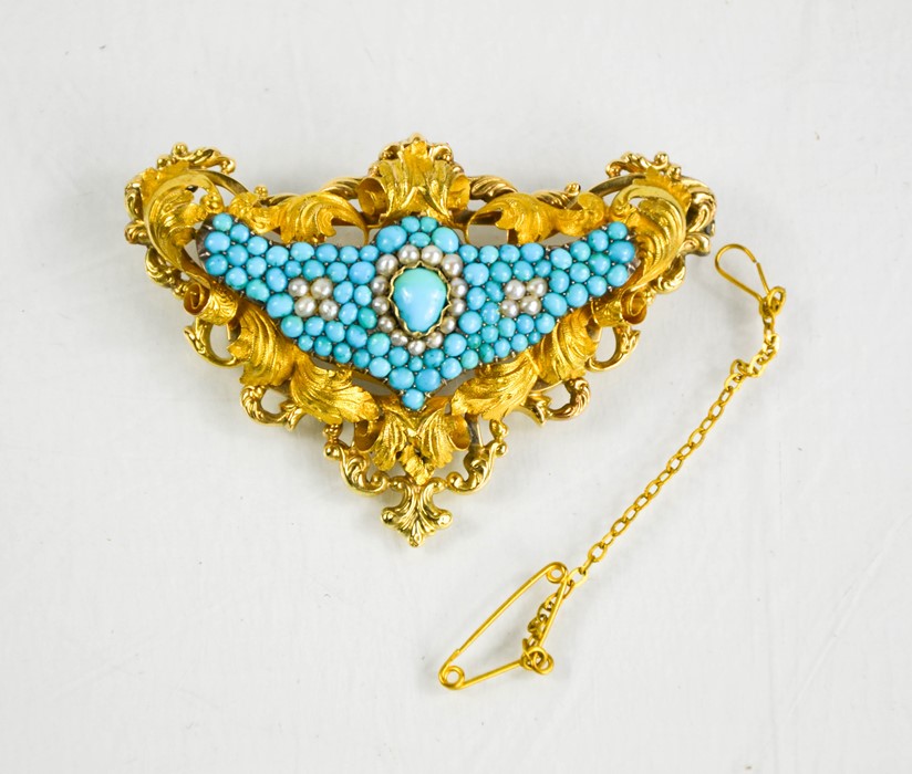 A fine gold, turquoise and seed pearl brooch, the central cluster of pearls and turquoise with