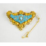 A fine gold, turquoise and seed pearl brooch, the central cluster of pearls and turquoise with