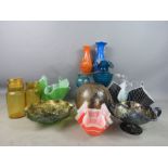 A selection of retro glassware to include Carnival glass, handkerchief bowls and one engraved with