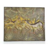 An Art Deco bronzed plaque depicting gazelle in a forest, indistinctly signed S De Corvini? 43cms by