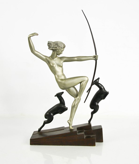 Marcel Andre Bouraine (1886-1948): Diana the Huntress with Leaping Fawns, Art Deco, signed