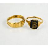 Two 9ct gold rings: belt buckle, size O, and signet ring initialled B, size M/N, 5.1g.