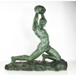Eugène André OUDINÉ (1810-1887): terracotta man with boulder, signed to the naturalistic base, 55cms