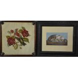 A Victorian needlework panel in mahogany frame, a needlwork depicting cat by Margaret R Barbien,