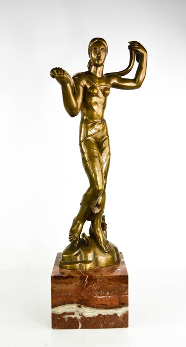 Jaroslaw Horecj (1886-1983): Art deco bronze figure raised on a red marble base, signed beneath