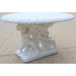 A Rococo style cherub oval concrete garden table, 75cm high by 137cm by 97cm
