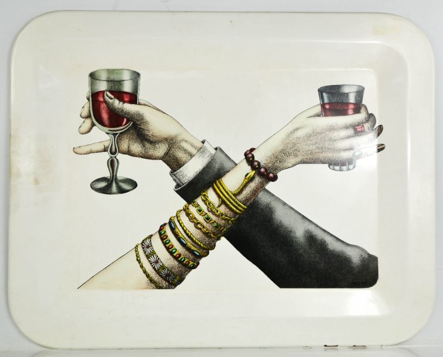 A large white Fornasetti tray with hands holding wine goblets, 48cms x 60cms