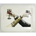 A large white Fornasetti tray with hands holding wine goblets, 48cms x 60cms
