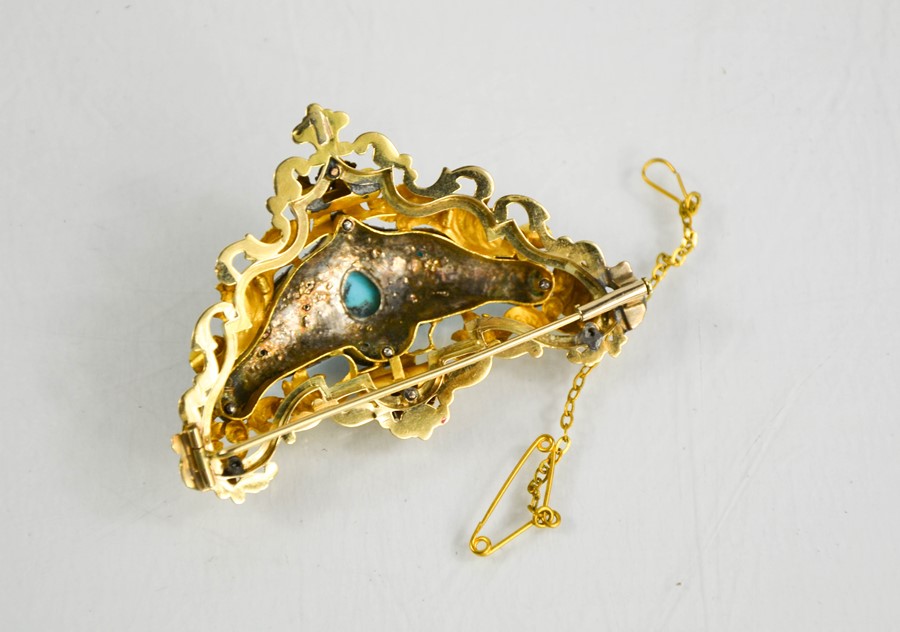 A fine gold, turquoise and seed pearl brooch, the central cluster of pearls and turquoise with - Image 2 of 2