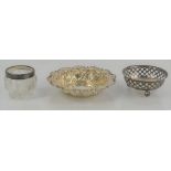 A silver and glass salt, a silver pierced bowl and a silver circular bowl, Sheffield 1894.