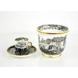 A Spode black and white coffee can and saucer and bowl 11cm high.