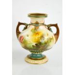 A Hadley's Royal Worcester vase painted with flowers, with twin handles, together with another