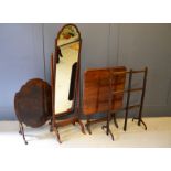A mahogany cheval mirror, mahogany towel rack, and two tilt top tables. (4)