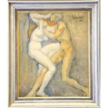 Leblond (20th century): figures embracing, oil on board, signed and dated 1932 upper left, 53 by