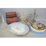 A vintage Antigua steel drum together with a blue and white meat platter, servants bell, glass