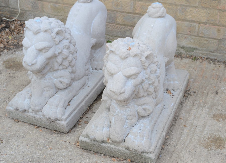 A pair of reconstituted stone lions leaning on rams heads and raised on a plinth, 60cm by 29cm by - Image 2 of 3