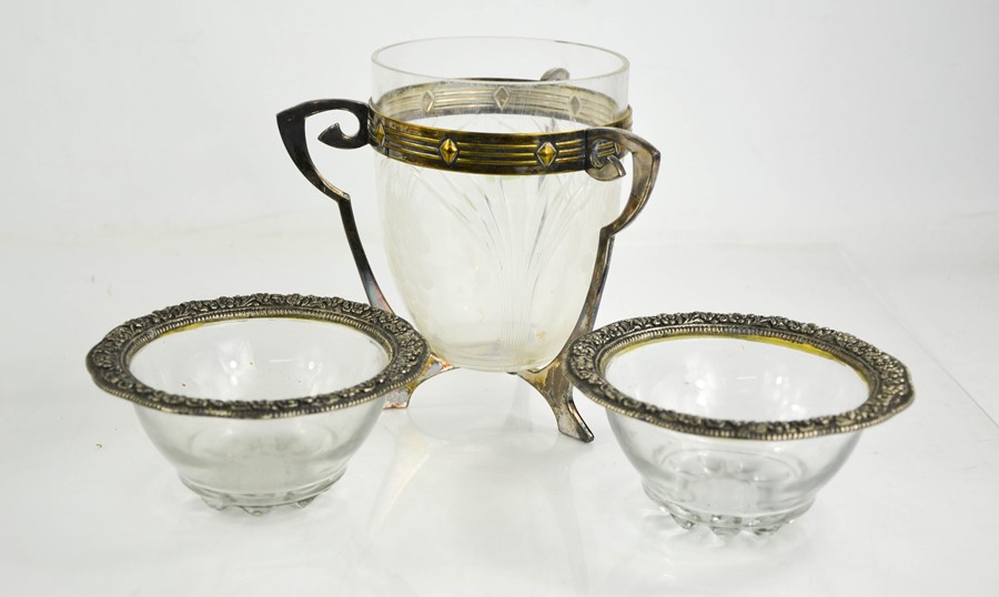 An Art Nouveau silver plated and glass bowl with three handled stand, 16cm high, together with two