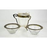An Art Nouveau silver plated and glass bowl with three handled stand, 16cm high, together with two