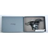 A Rene Lalique Kazak smoky glass horse, etched Lalique, in original box.11.5cms x 18cms