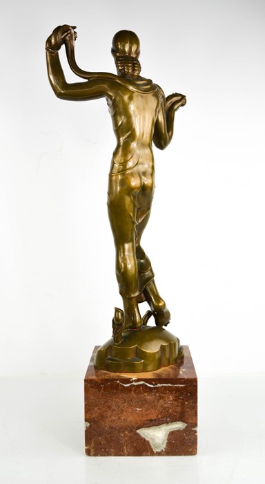 Jaroslaw Horecj (1886-1983): Art deco bronze figure raised on a red marble base, signed beneath - Image 5 of 5