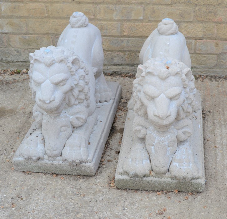 A pair of reconstituted stone lions leaning on rams heads and raised on a plinth, 60cm by 29cm by