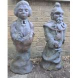 Two reconstituted stone statues, Chinese male and female figures. 87cms