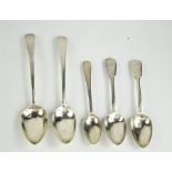 A group of Georgian silver to include two dessert spoons and three tea spoons, 3.92toz.