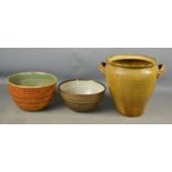 Two Studio pottery bowls and a large stoneware jar.