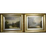 A pair of 19th century oil on canvas, depicting cattle in landscape and cottage beside river,