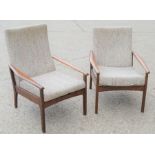 A pair of Mid-Century Danish style teak lounge chairs, 82cm high by 63cm wide by 51cm