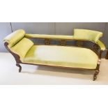 A 19th century / early 20th century mahogany chaise longue, upholstered in green draylon, the back