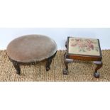 Two 19th century foot stools, one with carved base, the other with floral tapestry drop in top.