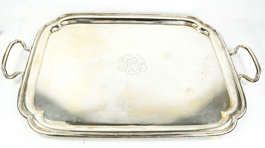 A large silver tray with engraved initials and inscribed '18th April 1921', twin handles and re-