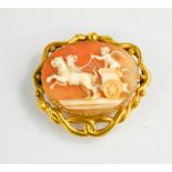 A gilt metal cameo brooch, of oval form, depicting cherub in chariot lead by lions, 4 by 3½cm.