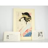 A Japanese woodblock print, depicting giesha girl, with certificates, 34 by 25cm