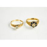 Two 9ct gold rings, one with diamond and sapphire set flower head size O, and the other having an