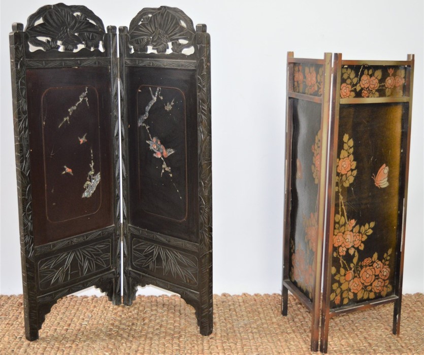 A Chinese bifold screen decorated with mother of pearl panels 90cm high together with a further