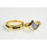 A 14ct gold and sapphire ring, with matching 10k gold, sapphire and tourmaline ring, both size L,
