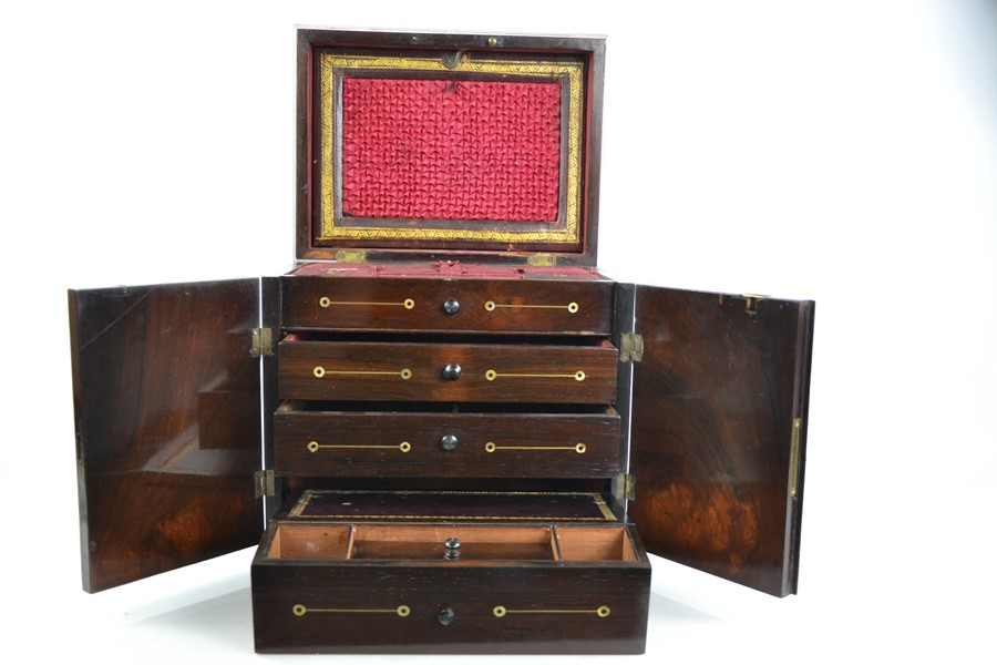 A Victorian rosewood and mother of pearl combination jewellery, writing and workbox, with two - Image 6 of 6