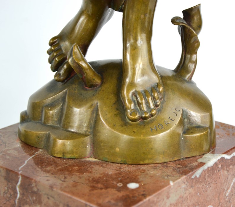 Jaroslaw Horecj (1886-1983): Art deco bronze figure raised on a red marble base, signed beneath - Image 3 of 5