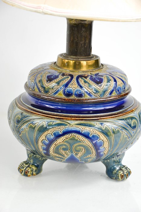 A 19th century Doulton table lamp by Edith Lupton (1875-1890), decorated in dark blue and raised - Image 2 of 3