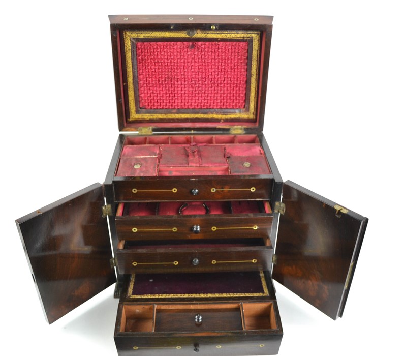 A Victorian rosewood and mother of pearl combination jewellery, writing and workbox, with two