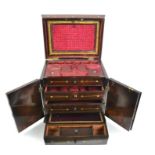 A Victorian rosewood and mother of pearl combination jewellery, writing and workbox, with two