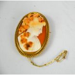 A 15ct gold cameo brooch, depicting a female profile portrait, grape and vine, in a 15ct gold brooch